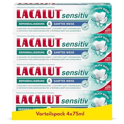 Lacalut Sensitiv Remineralisierung & sanftes Weiss 4er-Pack, reduziert die Schmerzempfindlichkeit, entfernt sanft Verfärbungen, remineralisiert den Zahnschmelz, 4x 75 ml Lacalut Sensitiv Remineralisierung & sanftes Weiss 4er-Pack, reduziert die Schmerzempfindlichkeit, entfernt sanft Verfärbungen, remineralisiert den Zahnschmelz, 4x 75 ml