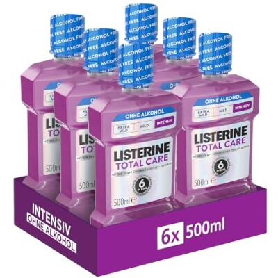 Listerine Total Care Intensiv Alkoholfrei, Mundspülung ohne Alkohol mit ätherischen Ölen und Fluorid, 6 in 1 Wirkung mit Kariesschutz und Plaque-Reduktion, Geschmack mit intensiver Minze, 6x500 ml Listerine Total Care Intensiv Alkoholfrei, Mundspülung ohne Alkohol mit ätherischen Ölen und Fluorid, 6 in 1 Wirkung mit Kariesschutz und Plaque-Reduktion, Geschmack mit intensiver Minze, 6x500 ml