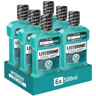 Listerine Cool Mint 6 x 500 ml, antibakterielle Mundspülung mit ätherischen Ölen und Minzgeschmack, Mundwasser bekämpft wirksam Bakterien im Mundraum, optimale Ergänzung zur täglichen Zahnpflege Listerine Cool Mint 6 x 500 ml, antibakterielle Mundspülung mit ätherischen Ölen und Minzgeschmack, Mundwasser bekämpft wirksam Bakterien im Mundraum, optimale Ergänzung zur täglichen Zahnpflege