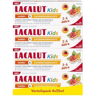 Lacalut Kids 2-6 Jahre 4er-Pack (4x55 ml) – Zahncreme für Kinder mit hochwirksamem Karies- & Zuckersäurenschutz – Zahnpasta mit 2 Phasen-Technologie und Vitamin A+E Lacalut Kids 2-6 Jahre 4er-Pack (4x55 ml) – Zahncreme für Kinder mit hochwirksamem Karies- & Zuckersäurenschutz – Zahnpasta mit 2 Phasen-Technologie und Vitamin A+E