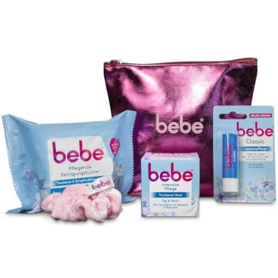 bebe Gesichtspflege Routine Set mit Pflegenden Reinigungstüchern, Intensive Pflege, Lippenpflege Classic, stylischer Kosmetiktasche & Scrunchie bebe Gesichtspflege Routine Set mit Pflegenden Reinigungstüchern, Intensive Pflege, Lippenpflege Classic, stylischer Kosmetiktasche & Scrunchie