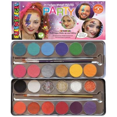 Eulenspiegel Profi-Aqua Schminkpalette Party, 24 Farben Metall-Palette mit 20 wasserbasierten Schminkfarben, 4 Glitzer, 3 Pinsel & Anleitung, für Karneval & Mottopartys Eulenspiegel Profi-Aqua Schminkpalette Party, 24 Farben Metall-Palette mit 20 wasserbasierten Schminkfarben, 4 Glitzer, 3 Pinsel & Anleitung, für Karneval & Mottopartys