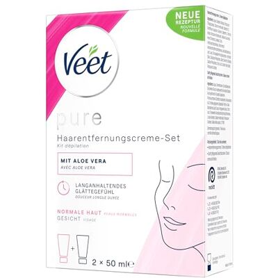 Veet Pure Haarentfernungs-Set Gesicht Für Oberlippe, Wangen & Augenbrauen, normale Haut Mit Bio Aloe-Vera, Vegan 50 ml Enthaarungscreme, 50 ml Pflegecreme & Spatel Veet Pure Haarentfernungs-Set Gesicht Für Oberlippe, Wangen & Augenbrauen, normale Haut Mit Bio Aloe-Vera, Vegan 50 ml Enthaarungscreme, 50 ml Pflegecreme & Spatel