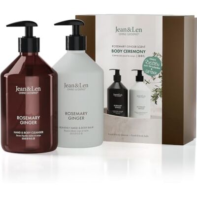 Jean & Len Body Ceremony Rosemary & Ginger Geschenkset Mit Hand & Body Cleanser und Hand & Body Balm, krautig-frischer Duft, FSC-zertifizierte Verpackung Jean & Len Body Ceremony Rosemary & Ginger Geschenkset Mit Hand & Body Cleanser und Hand & Body Balm, krautig-frischer Duft, FSC-zertifizierte Verpackung
