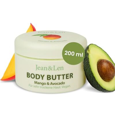 Jean & Len Exotische Body Butter Mango & Avocado, 200 ml Pflegt trockene bis sehr trockene Haut intensiv, pH-hautideal, mit Mango-Duft, ohne Parabene & Silikone Jean & Len Exotische Body Butter Mango & Avocado, 200 ml Pflegt trockene bis sehr trockene Haut intensiv, pH-hautideal, mit Mango-Duft, ohne Parabene & Silikone
