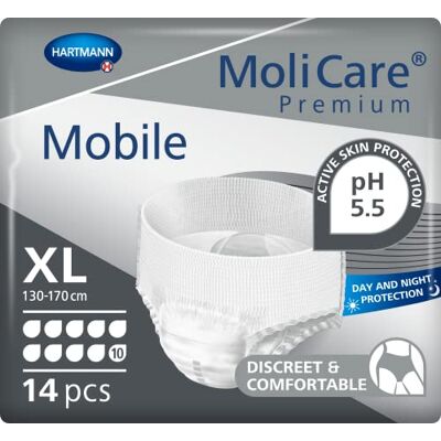 Molicare Premium Mobile Einweghose: Diskrete Anwendung bei Inkontinenz für Frauen und Männer; 10 Tropfen, Gr. XL (130-170 cm Hüftumfang), 14 Stück Molicare Premium Mobile Einweghose: Diskrete Anwendung bei Inkontinenz für Frauen und Männer; 10 Tropfen, Gr. XL (130-170 cm Hüftumfang), 14 Stück