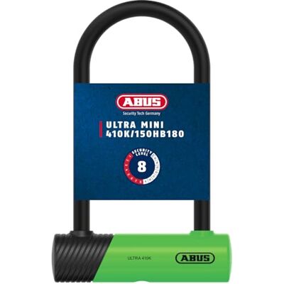ABUS Bügelschloss 410K Ultra für Fahrrad und E-Scooter handliches und robustes Fahrradschloss mit praktischer Halterung zum Transport Fahrrad-Zubehör Variante 150HB180, Grün ABUS Bügelschloss 410K Ultra für Fahrrad und E-Scooter handliches und robustes Fahrradschloss mit praktischer Halterung zum Transport Fahrrad-Zubehör Variante 150HB180, Grün
