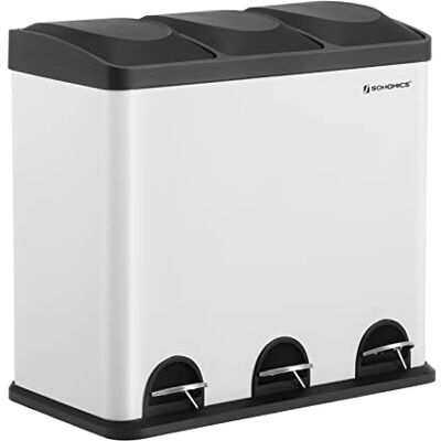 SONGMICS Mülleimer für die Küche, 3*18 Liter, Abfalleimer, Treteimer mit 3 Fächern, Inneneimern und 6 Aufklebern für Mülltrennung, Mülltrennsystem, weiß-schwarz LTB54W SONGMICS Mülleimer für die Küche, 3*18 Liter, Abfalleimer, Treteimer mit 3 Fächern, Inneneimern und 6 Aufklebern für Mülltrennung, Mülltrennsystem, weiß-schwarz LTB54W