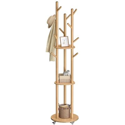 VASAGLE Garderobenständer, Kleiderständer mit 11 Haken und 3 Ablagen, 4 drehbare und abnehmbare Rollen, Haken und Haltestangen aus Massivholz, Eingang Schlafzimmer Wohnzimmer, naturfarben RCR023YK01 VASAGLE Garderobenständer, Kleiderständer mit 11 Haken und 3 Ablagen, 4 drehbare und abnehmbare Rollen, Haken und Haltestangen aus Massivholz, Eingang Schlafzimmer Wohnzimmer, naturfarben RCR023YK01