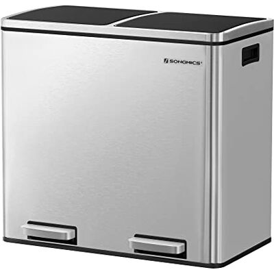 SONGMICS Mülleimer, Abfalleimer, Mülltrennsystem mit 2 Fächern, Treteimer für die Küche, 2 x 24 L, Softclose, Inneneimer aus Kunststoff, mit Fußpedalen und Handgriffen, silbern LTB48NL SONGMICS Mülleimer, Abfalleimer, Mülltrennsystem mit 2 Fächern, Treteimer für die Küche, 2 x 24 L, Softclose, Inneneimer aus Kunststoff, mit Fußpedalen und Handgriffen, silbern LTB48NL