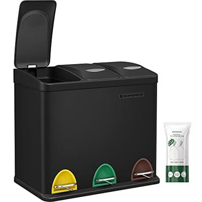 SONGMICS Mülleimer Küche, 3 x 8 L, kleine Kapazität, Mülltrennsystem 3 Fächer, Abfalleimer mit Deckel, Stahl-Treteimer für kleine Familien, Pedale und Inneneimer, schwarz LTB24BK SONGMICS Mülleimer Küche, 3 x 8 L, kleine Kapazität, Mülltrennsystem 3 Fächer, Abfalleimer mit Deckel, Stahl-Treteimer für kleine Familien, Pedale und Inneneimer, schwarz LTB24BK