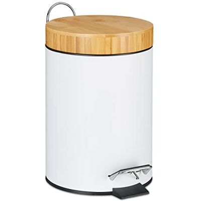 Relaxdays Mülleimer Bad, 3 l, Kosmetikeimer mit Absenkautomatik, Bambusdeckel, entnehmbarer Inneneimer, Treteimer, weiß, 1 Stück Relaxdays Mülleimer Bad, 3 l, Kosmetikeimer mit Absenkautomatik, Bambusdeckel, entnehmbarer Inneneimer, Treteimer, weiß, 1 Stück