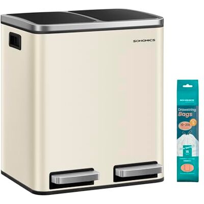 SONGMICS Mülleimer Küche, 2 x 15 Liter, Mülltrennsystem 2 Fächer, inklusive 15 Müllbeutel, Abfalleimer, Treteimer, recycelbare Abfälle, Biomüll, Softclose-Deckel, sandbeige-tintenschwarz LTB30A02 SONGMICS Mülleimer Küche, 2 x 15 Liter, Mülltrennsystem 2 Fächer, inklusive 15 Müllbeutel, Abfalleimer, Treteimer, recycelbare Abfälle, Biomüll, Softclose-Deckel, sandbeige-tintenschwarz LTB30A02