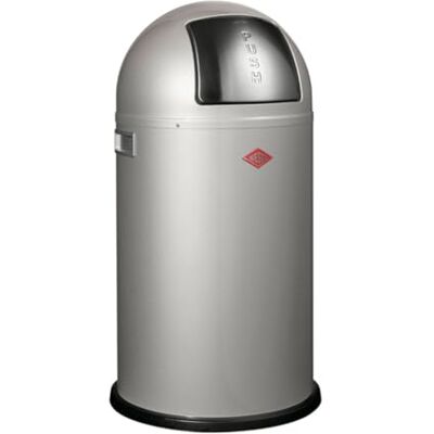 WESCO Pushboy Mülleimer in der Farbe silber, pulverbeschichtetes Stahlblech, 50 Liter Volumen, große Edelstahlklappe, herausnehmbarer Innenbehälter WESCO Pushboy Mülleimer in der Farbe silber, pulverbeschichtetes Stahlblech, 50 Liter Volumen, große Edelstahlklappe, herausnehmbarer Innenbehälter