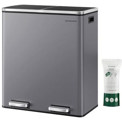 SONGMICS Mülleimer, 2 x 30 Liter, 2 Fächer, Mülltrennsystem, Treteimer, Abfalleimer Küche, 15 Müllsäcke, Metall, Inneneimer aus Kunststoff, Klappdeckel, Softclose, luftdicht, schiefergrau LTB060G01 SONGMICS Mülleimer, 2 x 30 Liter, 2 Fächer, Mülltrennsystem, Treteimer, Abfalleimer Küche, 15 Müllsäcke, Metall, Inneneimer aus Kunststoff, Klappdeckel, Softclose, luftdicht, schiefergrau LTB060G01
