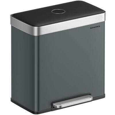 SONGMICS Mülleimer Küche, 2 x 30 L, Mülltrennsystem 2 Fächer, 15 Müllsäcke, Abfalleimer Edelstahl, Inneneimer aus Kunststoff, mit Deckel, Softclose, 58,2 x 36,5 x 60,5 cm, grüngrau LTB202G01 SONGMICS Mülleimer Küche, 2 x 30 L, Mülltrennsystem 2 Fächer, 15 Müllsäcke, Abfalleimer Edelstahl, Inneneimer aus Kunststoff, mit Deckel, Softclose, 58,2 x 36,5 x 60,5 cm, grüngrau LTB202G01