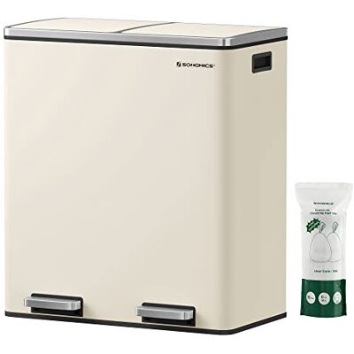 SONGMICS Mülleimer, 2 x 30 Liter, 2 Fächer, Mülltrennsystem, Treteimer, Abfalleimer Küche, 15 Müllsäcke, Metall, Inneneimer aus Kunststoff, Klappdeckel, Softclose, luftdicht, mandelfarben LTB060A01 SONGMICS Mülleimer, 2 x 30 Liter, 2 Fächer, Mülltrennsystem, Treteimer, Abfalleimer Küche, 15 Müllsäcke, Metall, Inneneimer aus Kunststoff, Klappdeckel, Softclose, luftdicht, mandelfarben LTB060A01