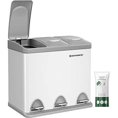 SONGMICS Mülleimer Küche, 3 x 8 L, kleine Kapazität, Mülltrennsystem 3 Fächer, Abfalleimer mit Deckel, Stahl-Treteimer für kleine Familien, Pedale und Inneneimer, weiß-grau LTB24WT SONGMICS Mülleimer Küche, 3 x 8 L, kleine Kapazität, Mülltrennsystem 3 Fächer, Abfalleimer mit Deckel, Stahl-Treteimer für kleine Familien, Pedale und Inneneimer, weiß-grau LTB24WT
