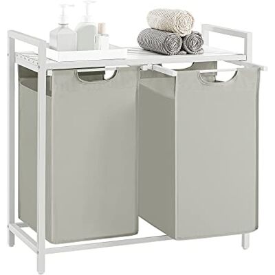VASAGLE Wäschekorb 2 Fächer, Wäschesammler mit Ablage, Wäschebox, Wäschesack aus Oxford-Gewebe abnehmbar, Metallrahmen, 2 x 46 L, 73 x 33 x 72 cm, cremeweiß-mattweiß BLH201W01 VASAGLE Wäschekorb 2 Fächer, Wäschesammler mit Ablage, Wäschebox, Wäschesack aus Oxford-Gewebe abnehmbar, Metallrahmen, 2 x 46 L, 73 x 33 x 72 cm, cremeweiß-mattweiß BLH201W01