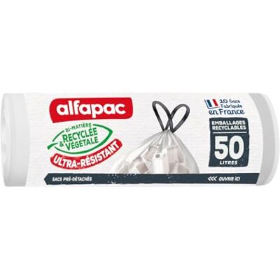 Alfapac 10 Müllbeutel, 50 l, mit Schiebeverschluss, Sortierung von recycelbaren Verpackungen, transparent, hergestellt in Frankreich, Bi-Material recycelt & pflanzlich Alfapac 10 Müllbeutel, 50 l, mit Schiebeverschluss, Sortierung von recycelbaren Verpackungen, transparent, hergestellt in Frankreich, Bi-Material recycelt & pflanzlich