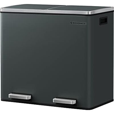 SONGMICS Mülleimer, Abfalleimer, Mülltrennsystem mit 2 Fächern, Treteimer für die Küche, 2 x 24 L, Softclose, Inneneimer aus Kunststoff, mit Fußpedalen und Handgriffen, rauchgrau, 58.5 x 32 x 54.5 cm SONGMICS Mülleimer, Abfalleimer, Mülltrennsystem mit 2 Fächern, Treteimer für die Küche, 2 x 24 L, Softclose, Inneneimer aus Kunststoff, mit Fußpedalen und Handgriffen, rauchgrau, 58.5 x 32 x 54.5 cm