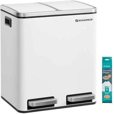 SONGMICS Mülleimer Küche, 2 x 15 Liter, Mülltrennsystem 2 Fächer, inklusive 15 Müllbeutel, Abfalleimer, Treteimer, recycelbare Abfälle, Biomüll, Softclose-Deckel, wolkenweiß LTB30WT SONGMICS Mülleimer Küche, 2 x 15 Liter, Mülltrennsystem 2 Fächer, inklusive 15 Müllbeutel, Abfalleimer, Treteimer, recycelbare Abfälle, Biomüll, Softclose-Deckel, wolkenweiß LTB30WT
