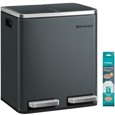 SONGMICS Mülleimer Küche, 2 x 15 Liter, Mülltrennsystem 2 Fächer, inklusive 15 Müllbeutel, Abfalleimer, Treteimer, recycelbare Abfälle, Biomüll, Softclose-Deckel, grüngrau LTB30GS SONGMICS Mülleimer Küche, 2 x 15 Liter, Mülltrennsystem 2 Fächer, inklusive 15 Müllbeutel, Abfalleimer, Treteimer, recycelbare Abfälle, Biomüll, Softclose-Deckel, grüngrau LTB30GS