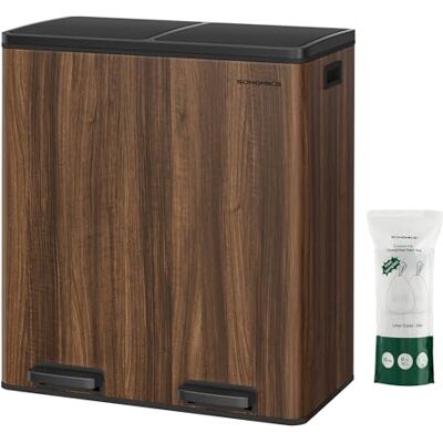 SONGMICS Mülleimer, 2 x 30 Liter, 2 Fächer, Mülltrennsystem, Treteimer, Abfalleimer Küche, 15 Müllsäcke, Metall, Inneneimer aus Kunststoff, Klappdeckel, Softclose, dunkelwalnussfarben LTB060N02 SONGMICS Mülleimer, 2 x 30 Liter, 2 Fächer, Mülltrennsystem, Treteimer, Abfalleimer Küche, 15 Müllsäcke, Metall, Inneneimer aus Kunststoff, Klappdeckel, Softclose, dunkelwalnussfarben LTB060N02