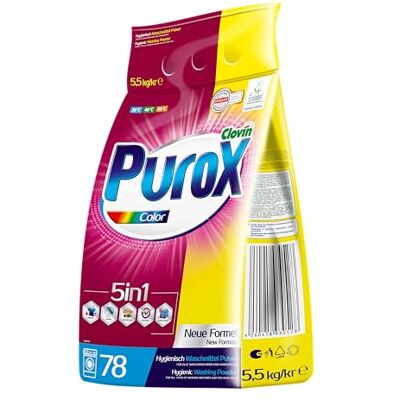 Clovin Purox PUROX COLOR Waschpulver im Foliensack 78 Waschladungen 5,5 kg – Universelles Pulver für Farbige Textilien, Entfernt Flecken, Umweltfreundlich, Effizient, Schützt vor Kalk Clovin Purox PUROX COLOR Waschpulver im Foliensack 78 Waschladungen 5,5 kg – Universelles Pulver für Farbige Textilien, Entfernt Flecken, Umweltfreundlich, Effizient, Schützt vor Kalk
