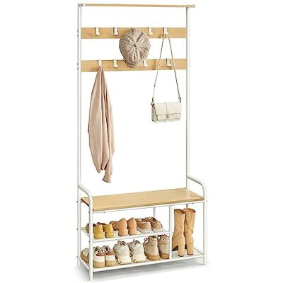 VASAGLE Garderobenständer, Garderobe, Kleiderständer 9 Haken, Schuhbank, Ablage, 30 x 85 x 180,5 cm, für Flur, Schlafzimmer, kleine Wohnungen, modern, eichenfarben-weiß HSR409W09 VASAGLE Garderobenständer, Garderobe, Kleiderständer 9 Haken, Schuhbank, Ablage, 30 x 85 x 180,5 cm, für Flur, Schlafzimmer, kleine Wohnungen, modern, eichenfarben-weiß HSR409W09