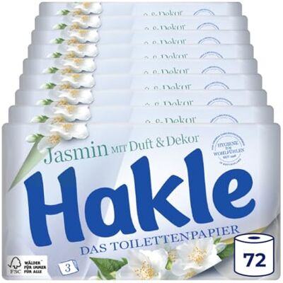 Hakle Toilettenpapier mit Jasminduft & Dekor 72 Rollen, 3-lagiges Klopapier, 150 Blatt pro Rolle, WC Papier mit 60% recycelte Verpackung, FSC-zertifiziert Hakle Toilettenpapier mit Jasminduft & Dekor 72 Rollen, 3-lagiges Klopapier, 150 Blatt pro Rolle, WC Papier mit 60% recycelte Verpackung, FSC-zertifiziert