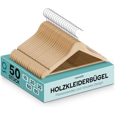 SereneLife Holzkleiderbügel, 50 Stück- Bügel für Kinder & Erwachsene, Robuste & rutschfeste Hangers bis 4.5Kg, 360° drehbarer Haken, Einkerbungen im Schulterbereich, Ideal für Anzüge, Jacken & Mäntel SereneLife Holzkleiderbügel, 50 Stück- Bügel für Kinder & Erwachsene, Robuste & rutschfeste Hangers bis 4.5Kg, 360° drehbarer Haken, Einkerbungen im Schulterbereich, Ideal für Anzüge, Jacken & Mäntel