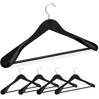 Relaxdays Anzug Kleiderbügel, 5er Set, breite Schulter, 360° drehbarer Haken, Hosenstange, Holzkleiderbügel, schwarz Relaxdays Anzug Kleiderbügel, 5er Set, breite Schulter, 360° drehbarer Haken, Hosenstange, Holzkleiderbügel, schwarz