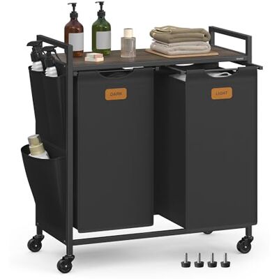 VASAGLE Wäschekorb, Wäschesammler, Wäschesortierer, Rollen, Wäschewagen mit Ablage, kleine seitliche Taschen, 6 Etiketten, 2 Fächer, 100 L, tintenschwarz-aschbraun BLH222BH01 VASAGLE Wäschekorb, Wäschesammler, Wäschesortierer, Rollen, Wäschewagen mit Ablage, kleine seitliche Taschen, 6 Etiketten, 2 Fächer, 100 L, tintenschwarz-aschbraun BLH222BH01