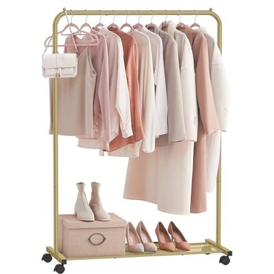 SONGMICS Kleiderständer, Kleiderstange auf Rollen, Garderobenständer Metall, Rollgarderobe 91 cm breit, mit Ablage, 2 Rollen mit Bremse, Stange bis 40 kg belastbar, goldfarben HSR025A01 SONGMICS Kleiderständer, Kleiderstange auf Rollen, Garderobenständer Metall, Rollgarderobe 91 cm breit, mit Ablage, 2 Rollen mit Bremse, Stange bis 40 kg belastbar, goldfarben HSR025A01
