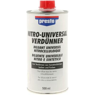 presto Nitro-Universalverdünner 500ml, 1 Stück, 171635 Zum Verdünnen von Nitro-Kombilacken und Reinigen von Pinseln sowie Farbrollern. Entfernt Lacke und lösemittelhaltige Farben. presto Nitro-Universalverdünner 500ml, 1 Stück, 171635 Zum Verdünnen von Nitro-Kombilacken und Reinigen von Pinseln sowie Farbrollern. Entfernt Lacke und lösemittelhaltige Farben.