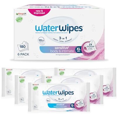 WaterWipes Sensitive+ Body & Intimate Wipes, Körper & Intimbereich, 180 Tücher (6 Packungen), 3-in-1-Reinigung, Pflege, Schutz, 99,9% Wasser, parfümfrei, Feuchttücher für die Erwachsenenpflege WaterWipes Sensitive+ Body & Intimate Wipes, Körper & Intimbereich, 180 Tücher (6 Packungen), 3-in-1-Reinigung, Pflege, Schutz, 99,9% Wasser, parfümfrei, Feuchttücher für die Erwachsenenpflege