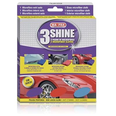 Mafra , 3Shine, Set aus hochwertigen Mikrofasertüchern 30x30 cm, blaues Tuch zum Reinigen von Autoscheiben, Violettes Tuch zum Wachsen, rotes zum Reinigen des Innenraums. Mafra , 3Shine, Set aus hochwertigen Mikrofasertüchern 30x30 cm, blaues Tuch zum Reinigen von Autoscheiben, Violettes Tuch zum Wachsen, rotes zum Reinigen des Innenraums.