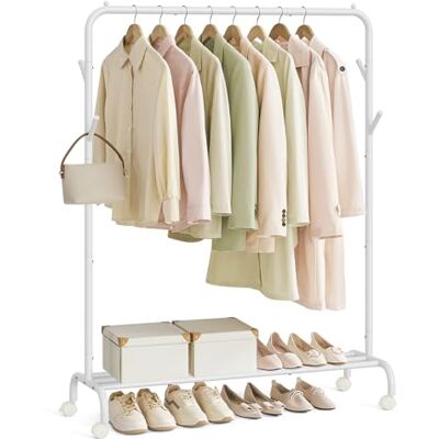 SONGMICS Kleiderständer auf Rollen, Kleiderstange, Garderobenstange, Garderobenständer aus Stahlrohren, bis 50 kg belastbar, 103,5 cm breit, multifunktionale Aufbewahrung, weiß HSR131W01 SONGMICS Kleiderständer auf Rollen, Kleiderstange, Garderobenstange, Garderobenständer aus Stahlrohren, bis 50 kg belastbar, 103,5 cm breit, multifunktionale Aufbewahrung, weiß HSR131W01