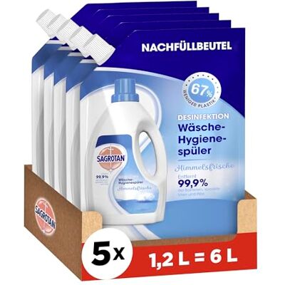 Sagrotan Wäsche-Hygienespüler Nachfüllbeutel Frische des Himmels, Desinfektionsspüler für hygienisch saubere und frische Wäsche, 5 x 1,2 l Reiniger im praktischen Vorteilspack Sagrotan Wäsche-Hygienespüler Nachfüllbeutel Frische des Himmels, Desinfektionsspüler für hygienisch saubere und frische Wäsche, 5 x 1,2 l Reiniger im praktischen Vorteilspack