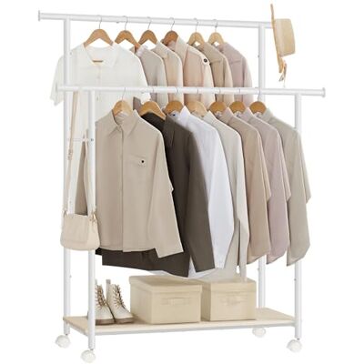 SONGMICS Kleiderständer auf Rollen, Kleiderstange mit Ablage, 2 Stangen, Garderobenstange, 98,5 cm breit, insgesamt bis 100 kg belastbar, Stahlrahmen, naturbeige-wolkenweiß HSR152W01 SONGMICS Kleiderständer auf Rollen, Kleiderstange mit Ablage, 2 Stangen, Garderobenstange, 98,5 cm breit, insgesamt bis 100 kg belastbar, Stahlrahmen, naturbeige-wolkenweiß HSR152W01
