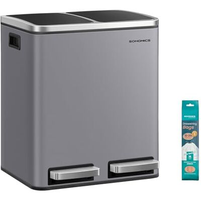 SONGMICS Mülleimer Küche, 2 x 15 Liter, Mülltrennsystem 2 Fächer, inklusive 15 Müllbeutel, Abfalleimer, Treteimer, recycelbare Abfälle, Biomüll, Softclose-Deckel, mattgrau LTB030G01 SONGMICS Mülleimer Küche, 2 x 15 Liter, Mülltrennsystem 2 Fächer, inklusive 15 Müllbeutel, Abfalleimer, Treteimer, recycelbare Abfälle, Biomüll, Softclose-Deckel, mattgrau LTB030G01