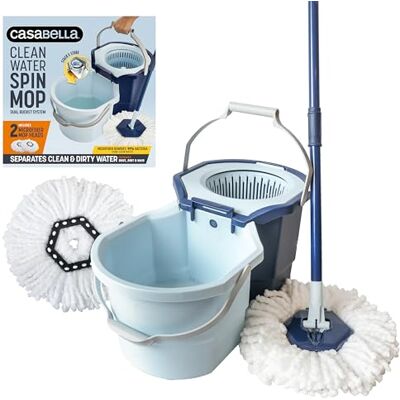 Casabella Clean Water Spin Mop System mit extra Moppkopf-Nachfüllung – Zwei-Bucket-Design-Mopp-System, Spritzschutz, integrierter Messbecher und Schaber-Werkzeug, einfaches Auswringpedal-Spinner Casabella Clean Water Spin Mop System mit extra Moppkopf-Nachfüllung – Zwei-Bucket-Design-Mopp-System, Spritzschutz, integrierter Messbecher und Schaber-Werkzeug, einfaches Auswringpedal-Spinner