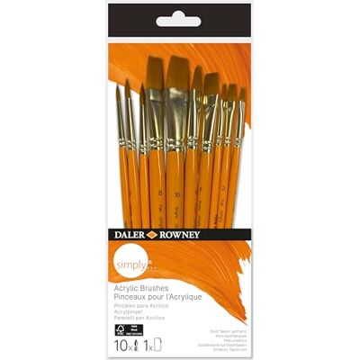 Daler Rowney Daler-Rowney Simply Pinsel für Acryl, goldfarben, Taklon-Kunsthaar, kurzer Griff, 10-teiliges Set Daler Rowney Daler-Rowney Simply Pinsel für Acryl, goldfarben, Taklon-Kunsthaar, kurzer Griff, 10-teiliges Set