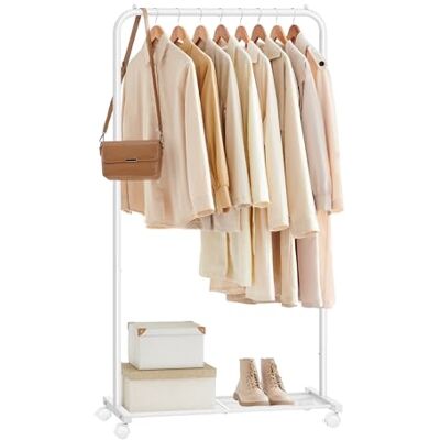 SONGMICS Kleiderständer, Kleiderstange auf Rollen, Garderobenständer 74 cm breit, Rollgarderobe mit Gitterablage, bis 35 kg belastbar, 2 Rollen arretierbar, Stahlrahmen, weiß HSR130W01 SONGMICS Kleiderständer, Kleiderstange auf Rollen, Garderobenständer 74 cm breit, Rollgarderobe mit Gitterablage, bis 35 kg belastbar, 2 Rollen arretierbar, Stahlrahmen, weiß HSR130W01