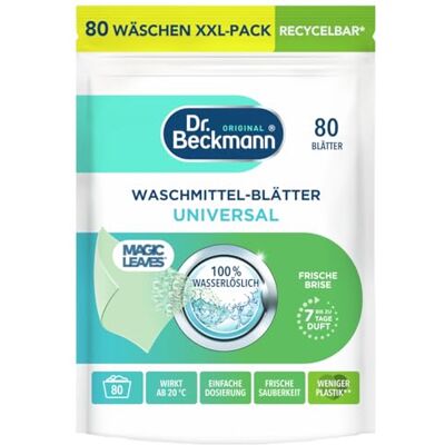 Dr. Beckmann MAGIC LEAVES Waschmittel-Blätter UNIVERSAL vordosierte & wasserlösliche Waschblätter platzsparend und leicht anzuwenden 80 Blätter Dr. Beckmann MAGIC LEAVES Waschmittel-Blätter UNIVERSAL vordosierte & wasserlösliche Waschblätter platzsparend und leicht anzuwenden 80 Blätter