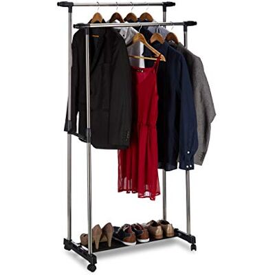 Relaxdays Rollgarderobe mit 2 Kleiderstangen, ausziehbar, Kleiderständer auf Rollen, HBT: 162x150x48 cm, Silber/schwarz Relaxdays Rollgarderobe mit 2 Kleiderstangen, ausziehbar, Kleiderständer auf Rollen, HBT: 162x150x48 cm, Silber/schwarz