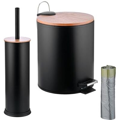 Relaxdays Bad Set, Mülleimer & Klobürste, Kosmetikeimer 5 L, Müllbeutel, WC Bürstenhalter, Eisen & Bambus, schwarz/Natur Relaxdays Bad Set, Mülleimer & Klobürste, Kosmetikeimer 5 L, Müllbeutel, WC Bürstenhalter, Eisen & Bambus, schwarz/Natur