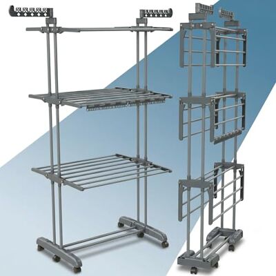 PORTENTUM Wäscheständer Turm klappbar mit 4 Ebenen und 24 Trockenstangen – Bis 40 kg – Wäschetrockner Ständer mit 2 Sockenhaltern – Für Innen- und Außenbereich – Rollen mit Feststellbremse PORTENTUM Wäscheständer Turm klappbar mit 4 Ebenen und 24 Trockenstangen – Bis 40 kg – Wäschetrockner Ständer mit 2 Sockenhaltern – Für Innen- und Außenbereich – Rollen mit Feststellbremse