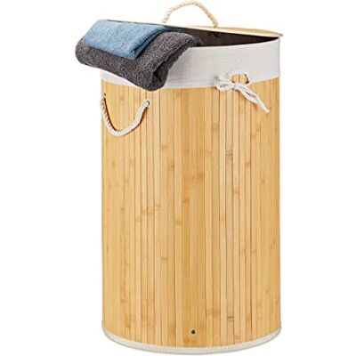 Relaxdays , Creme Wäschekorb Bambus, Faltbare Wäschetonne mit Deckel, Volumen 70 l, Wäschesack Baumwolle, rund Ø 41 cm, 10019051_550 Relaxdays , Creme Wäschekorb Bambus, Faltbare Wäschetonne mit Deckel, Volumen 70 l, Wäschesack Baumwolle, rund Ø 41 cm, 10019051_550